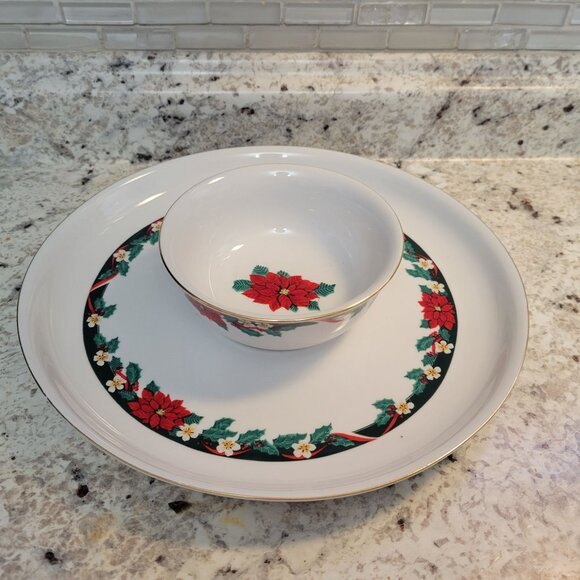 Tienshan Deck The Halls Christmas Poinsettia Serving Platter Bowl Set Chip Dip - Picture 1 of 8